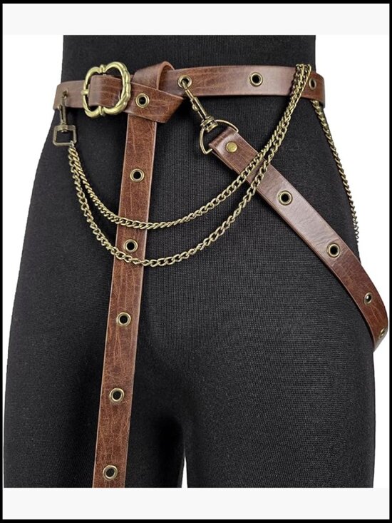 Medieval Vintage Faux Leather Chain Belt Adjustable Thin Retro Skinny Belt main image 4
